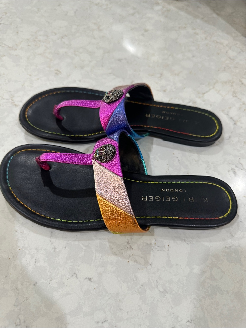 Kurt Geiger Kensington Metallic Rainbow Leather Logo Ornament T-Bar Sandals - Picture 3 of 6